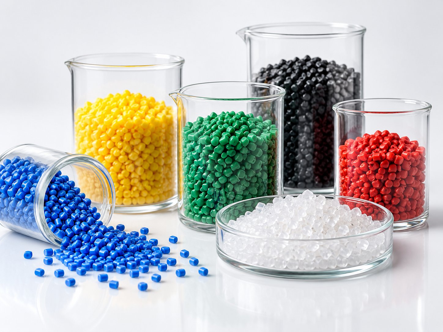 Multi-coloured polymer pellets neatly arranged in clear glass containers